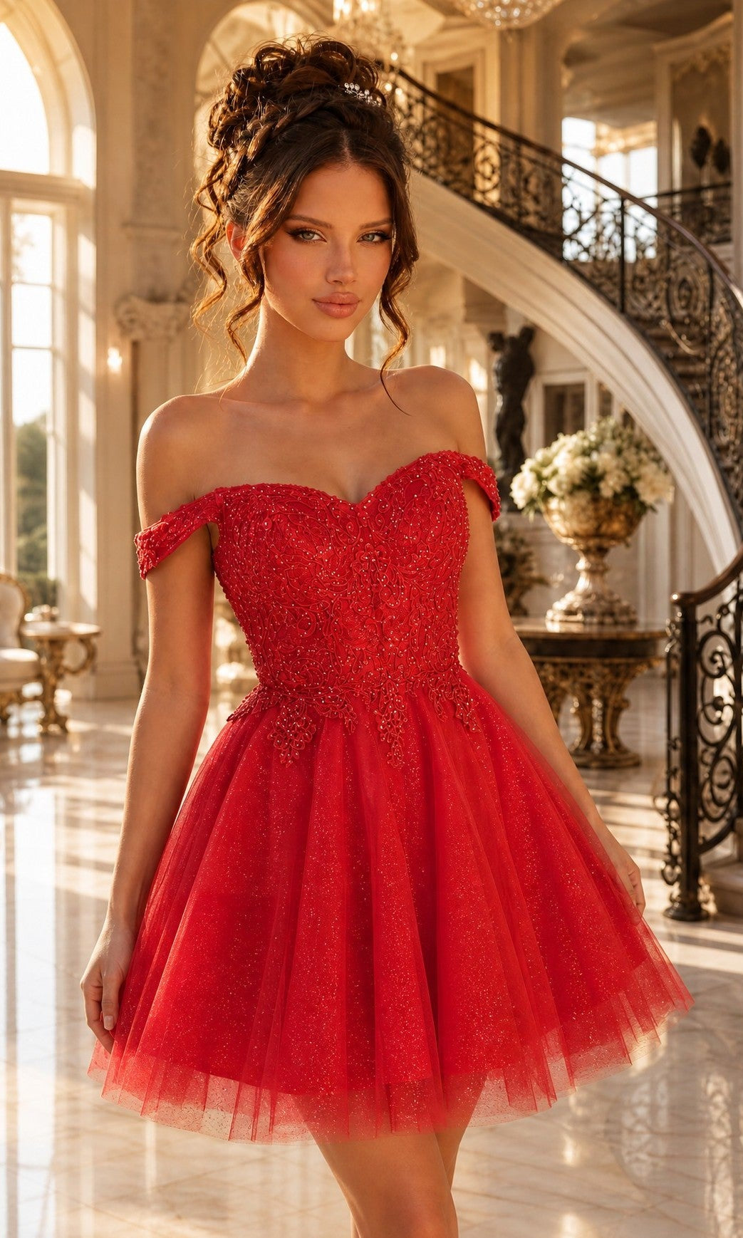 A woman in a grand, sunlit room with marble floors and a decorative staircase wears the Off-Shoulder Short Glitter Homecoming Dress C318 in red, her elegant cocktail dress adding to the scene’s sophistication.